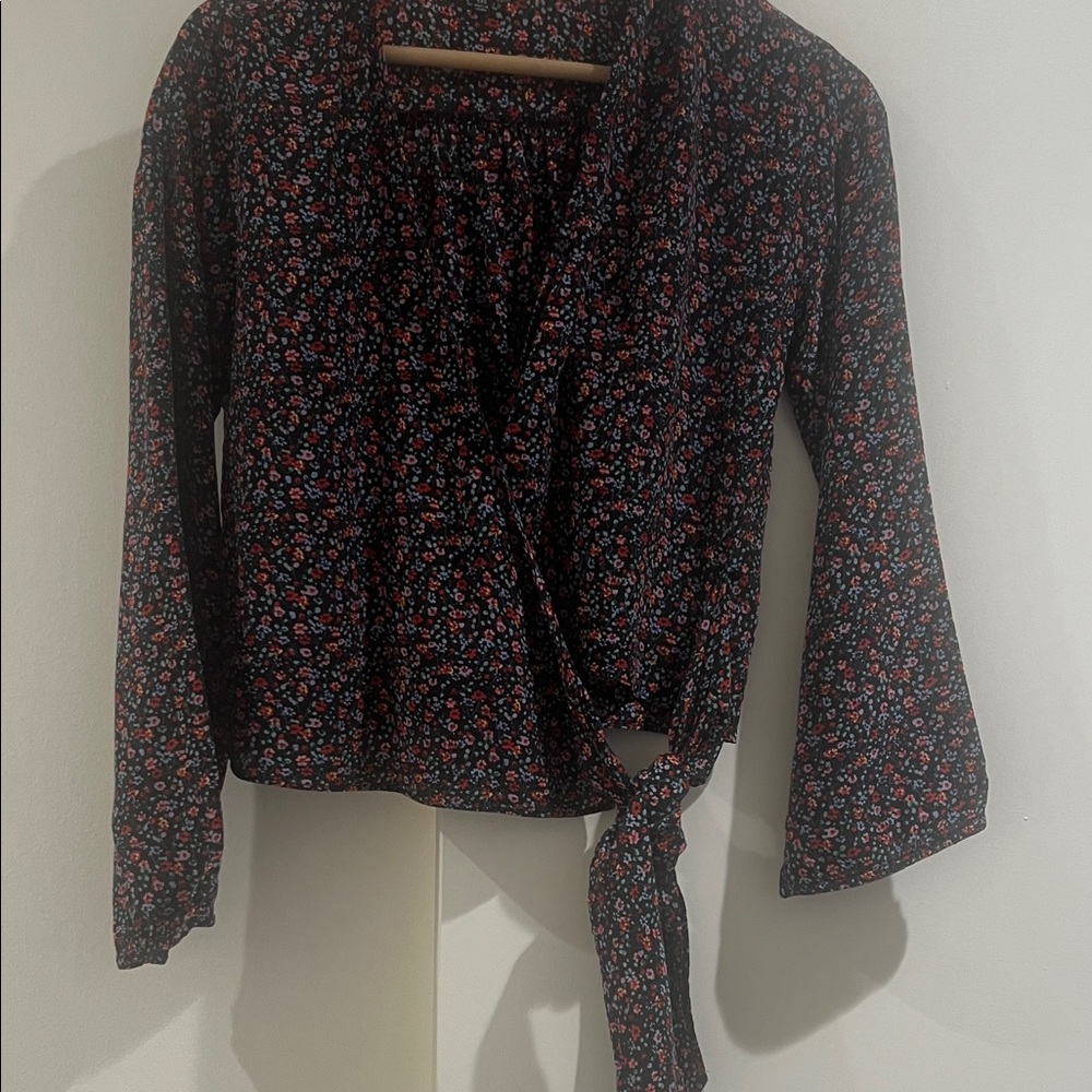 Madewell Black and Red Floral Wrap Blouse